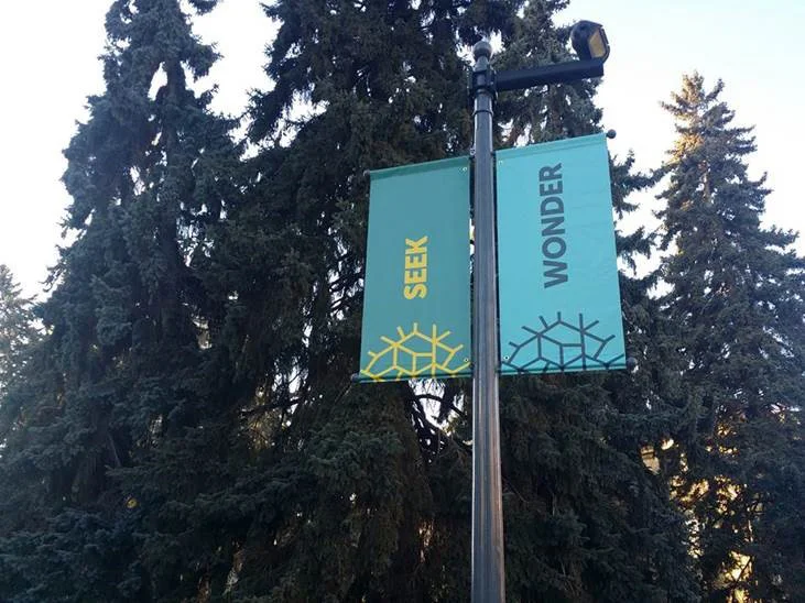 Banners on display outside the Memorial Park Library.