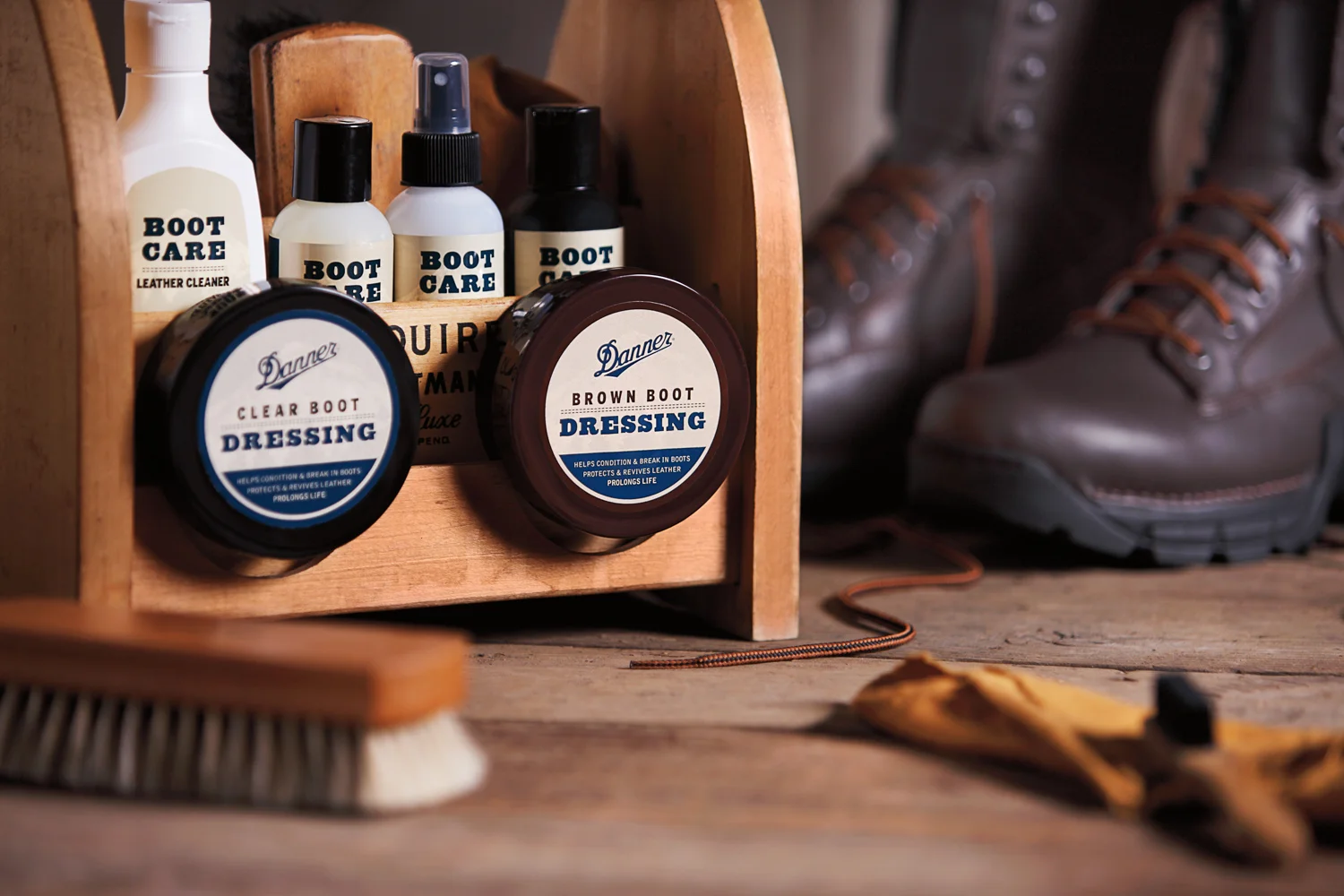 Product photography: Danner boot care collection. Shot in studio. 