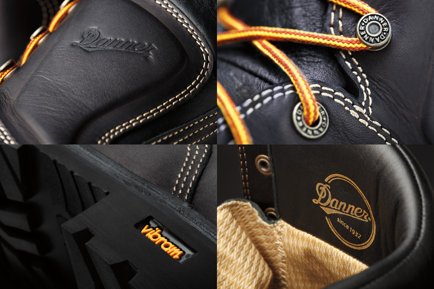  Product photography shot in studio: collection of four close up images of Danner Boots with Vibram soles.&nbsp; 