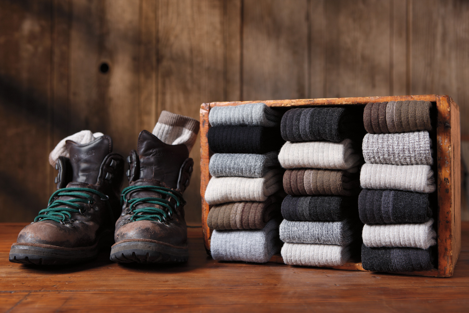  Product photography shot in studio: Danner wool sock collection. 