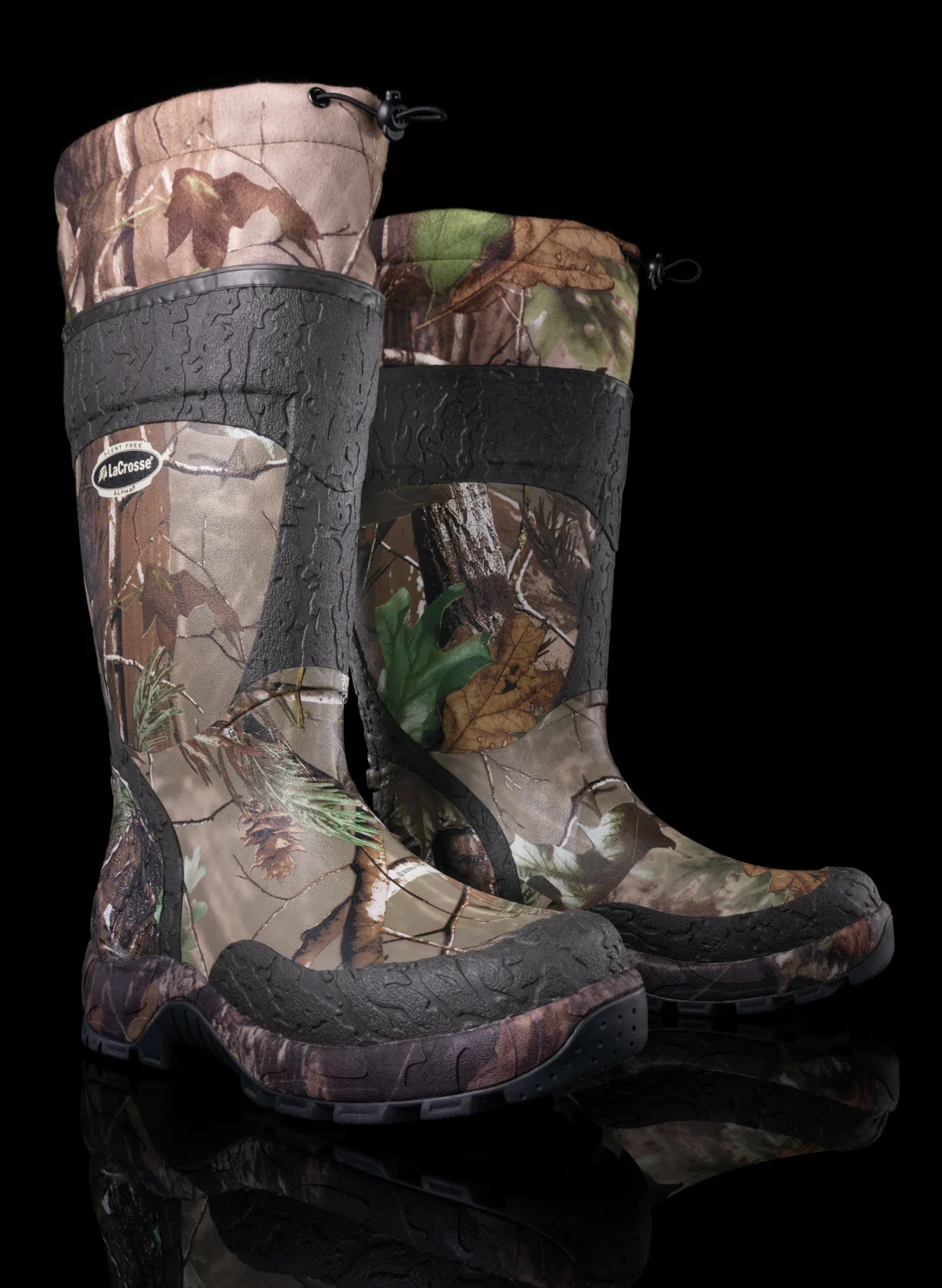 Example of product photography shot in studio: pair of camouflage water proof boots. 