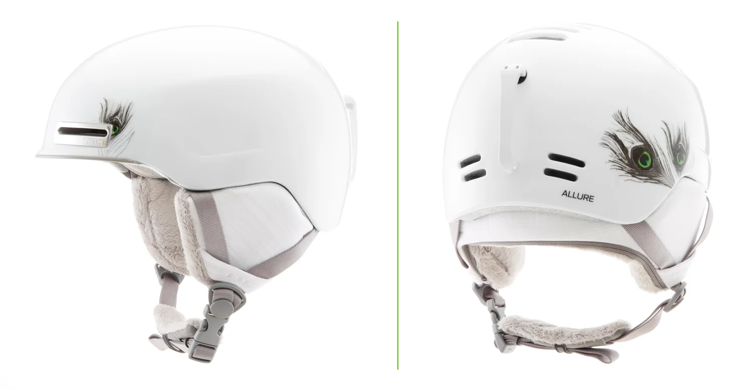 Product photography: Smith Allure women's helmut shot on white in studio. Photos of both side and back. 