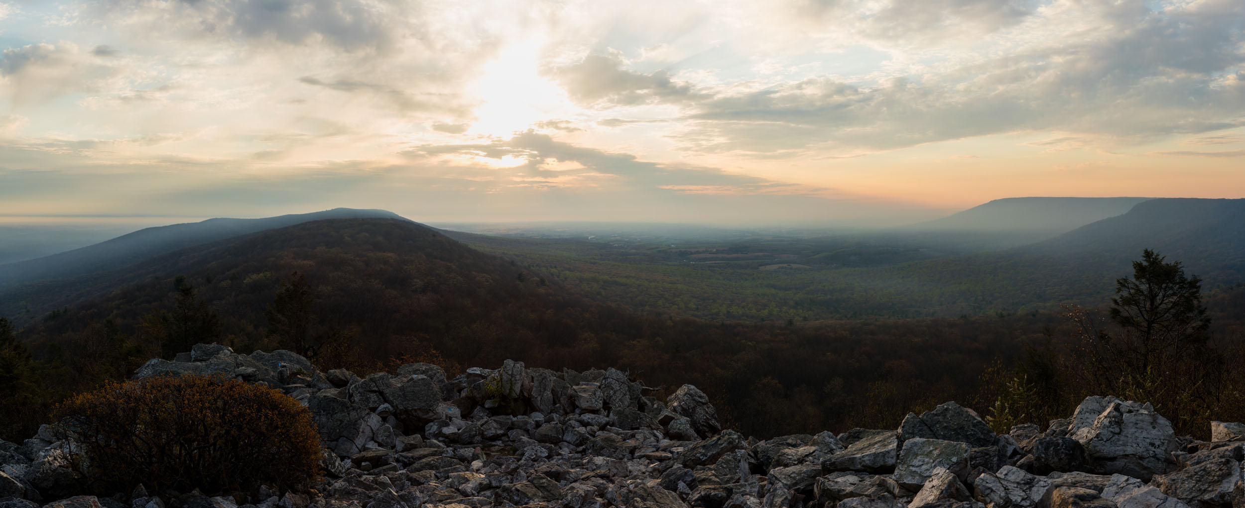 A setting sun over Hawk Mountain Sanctuary, Pennsylvania