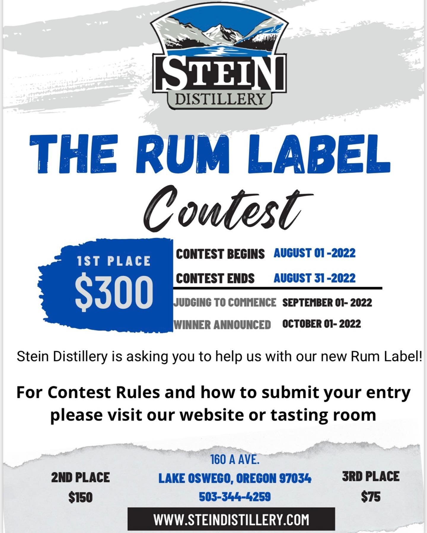 Rum Label Contest!

Stein Distillery is asking you to help us come up with our new Rum label!

Hand-crafted in Joseph, Oregon, our Stein Rum is distilled from cane sugar. We then use our whiskey barrels to age the rum to perfection. The barrel aging 