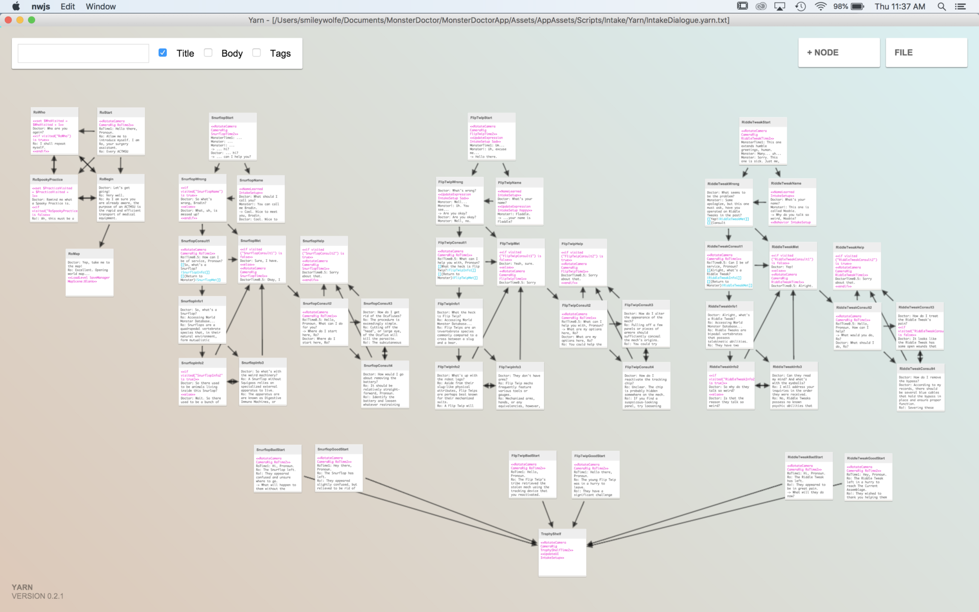 The Yarn file containing all the dialogue for the Monster intake phase.