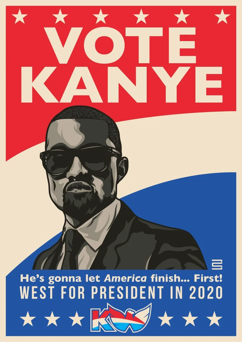 Maybe an analysis of politics in hip-hop will tell us how Kanye’s bright idea will turn out… Art by Greg Bunbury