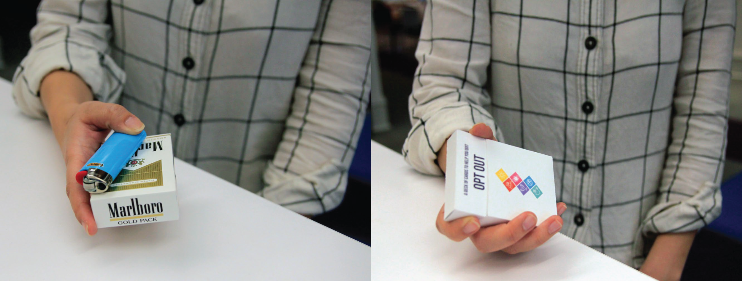 A physical sample of Opt Out box designed to surrogate cigarette boxes
