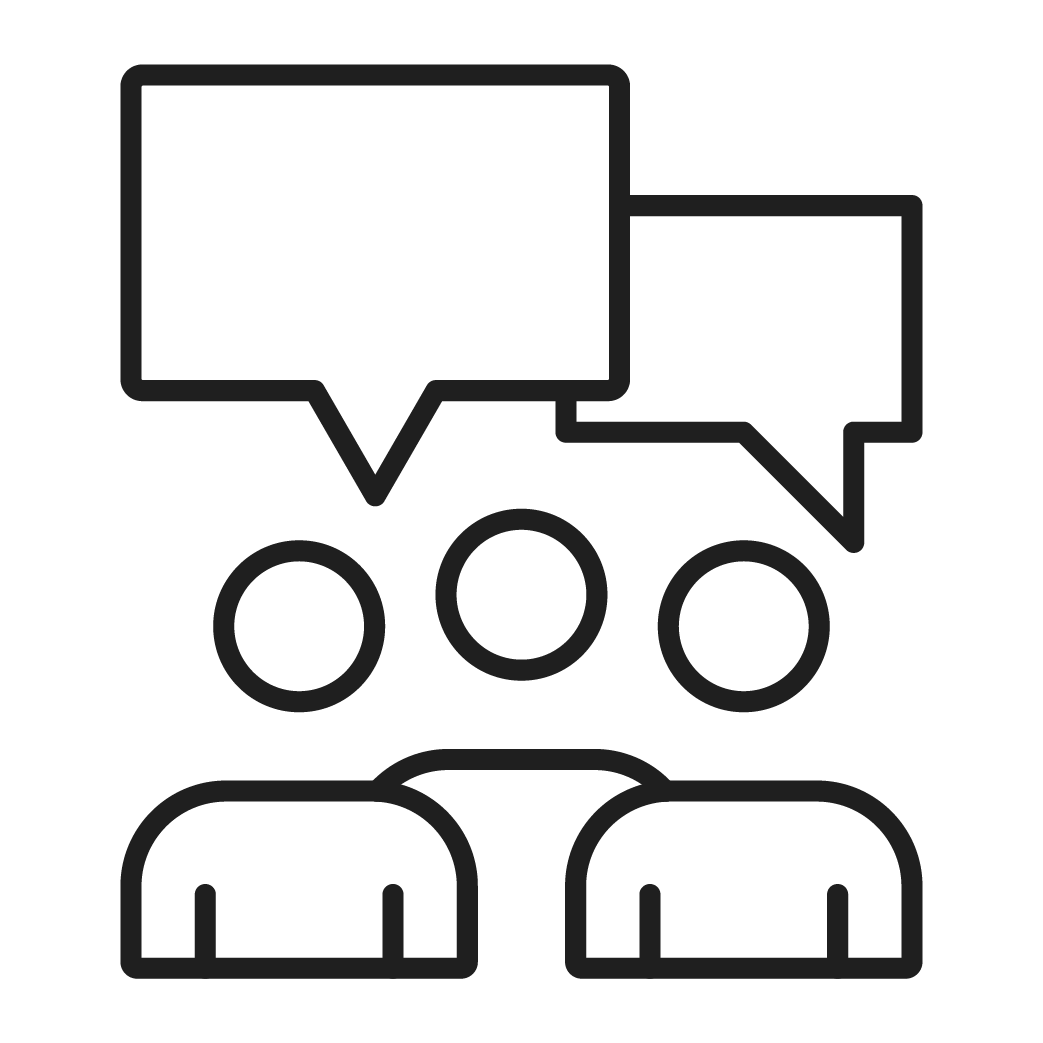 Outline icon of two people with speech bubbles above their heads.