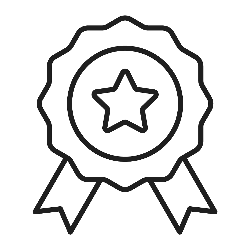 Outline of a badge with a star in the center and ribbons hanging down.