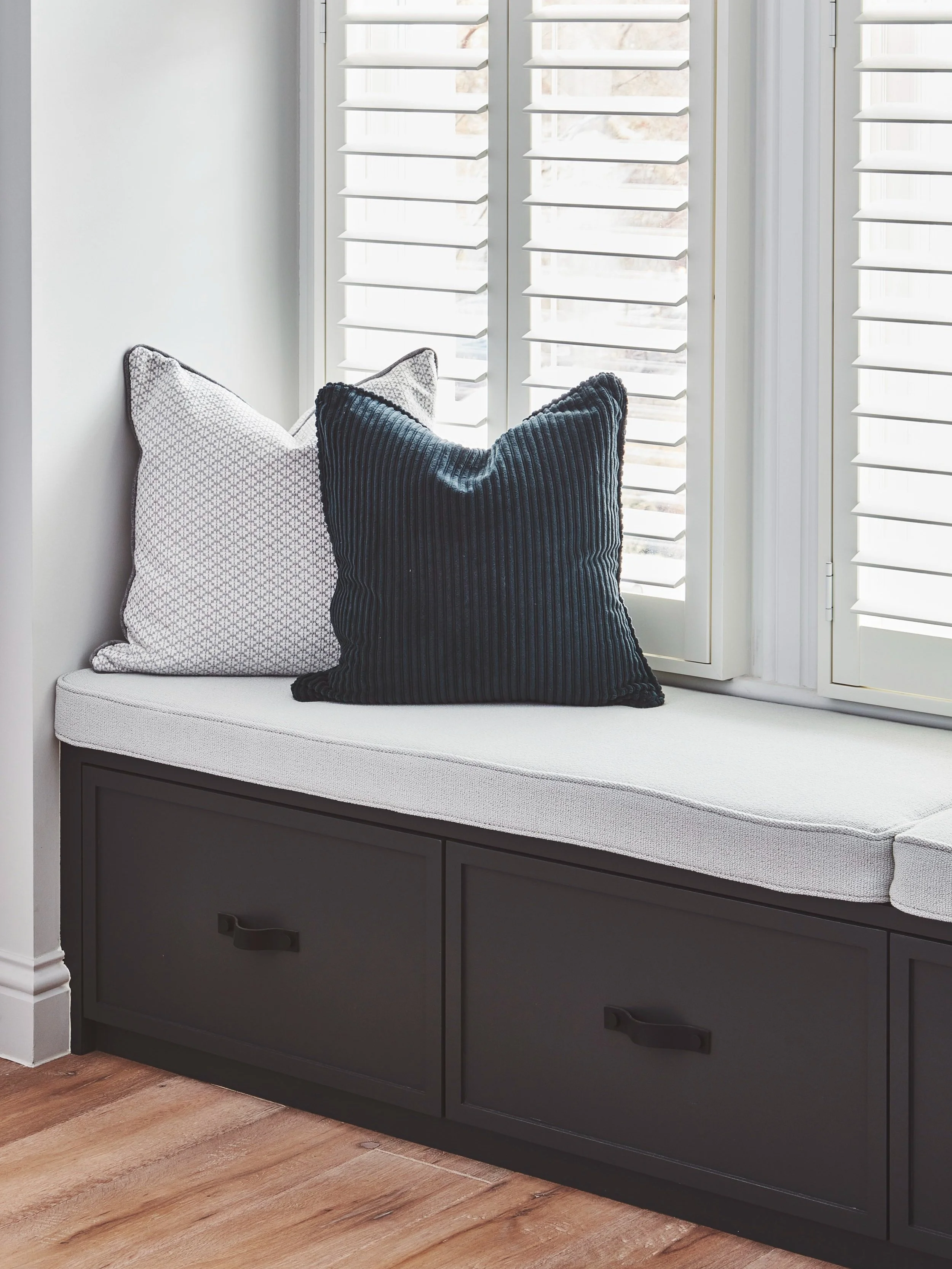 Bespoke fitted window seat Clapham. Interior design studio based in Wandsworth.