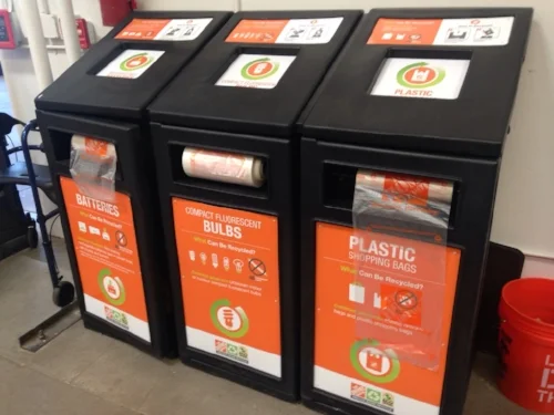 Rechargeable batteries, CFL bulbs, and plastic bags recycling bins at Home Depot