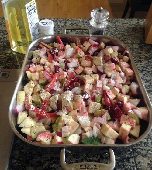 Add your favorite oil, seasonings, and herb to enhance the flavors then place in the oven at 400F for 30-40 minutes. Keep an eye on it so that the veggies don’t burn.