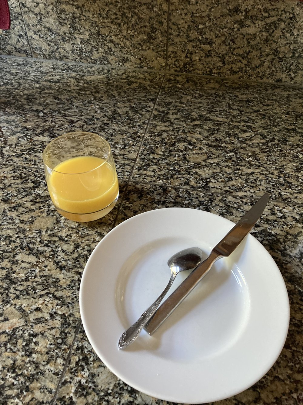 Juice poured, dishware ready