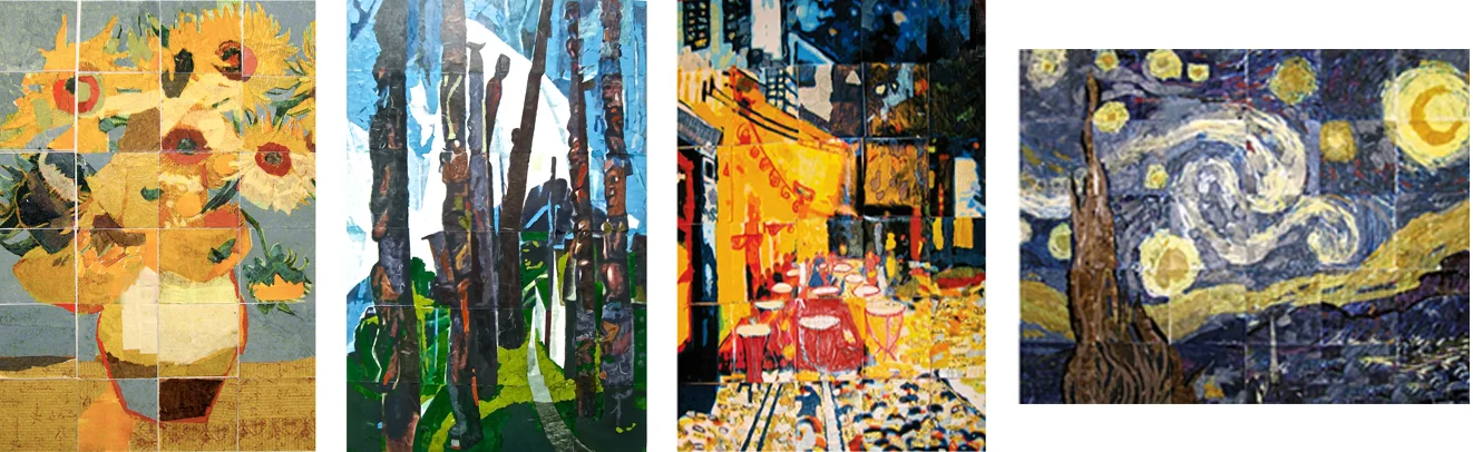 Grade 2 : Van Gogh, "Sunflowers" | Grade 3 : Emily Carr, "Kitwancool" | Grade 6: Van Gogh, "Starry Night" and "Night Café"