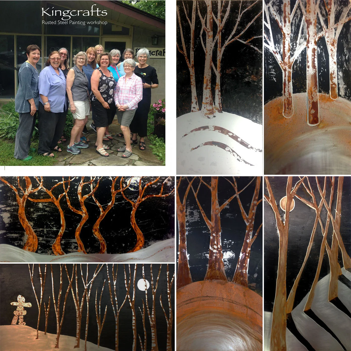 Spent a fun day playing with a lovely group of creative souls at the Kingcrafts studio where we applied a rust solution onto steel plates using various tools and techniques. Here are some of the great results that were achieved.