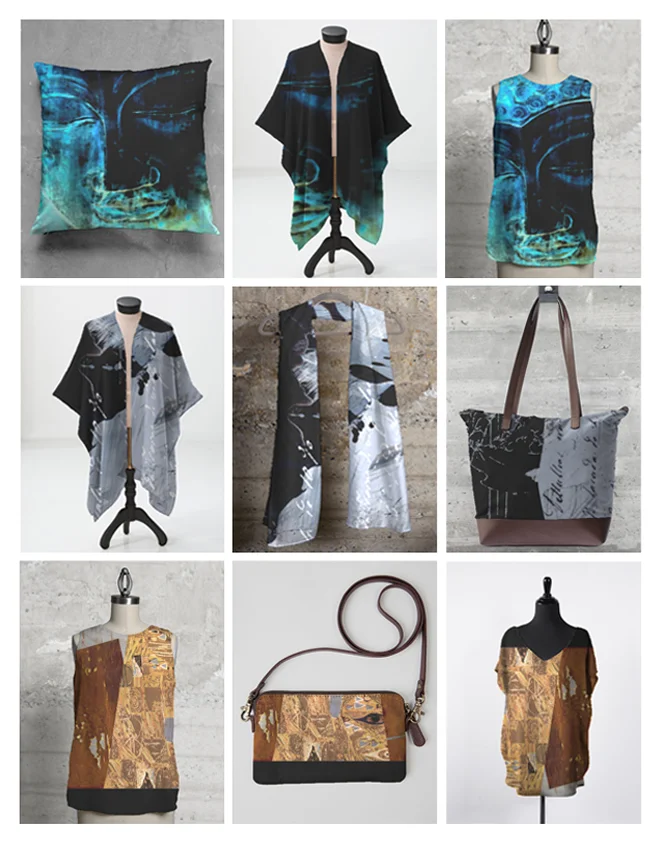 Custom designed scarves, purses, pillows, sheer wraps and tops