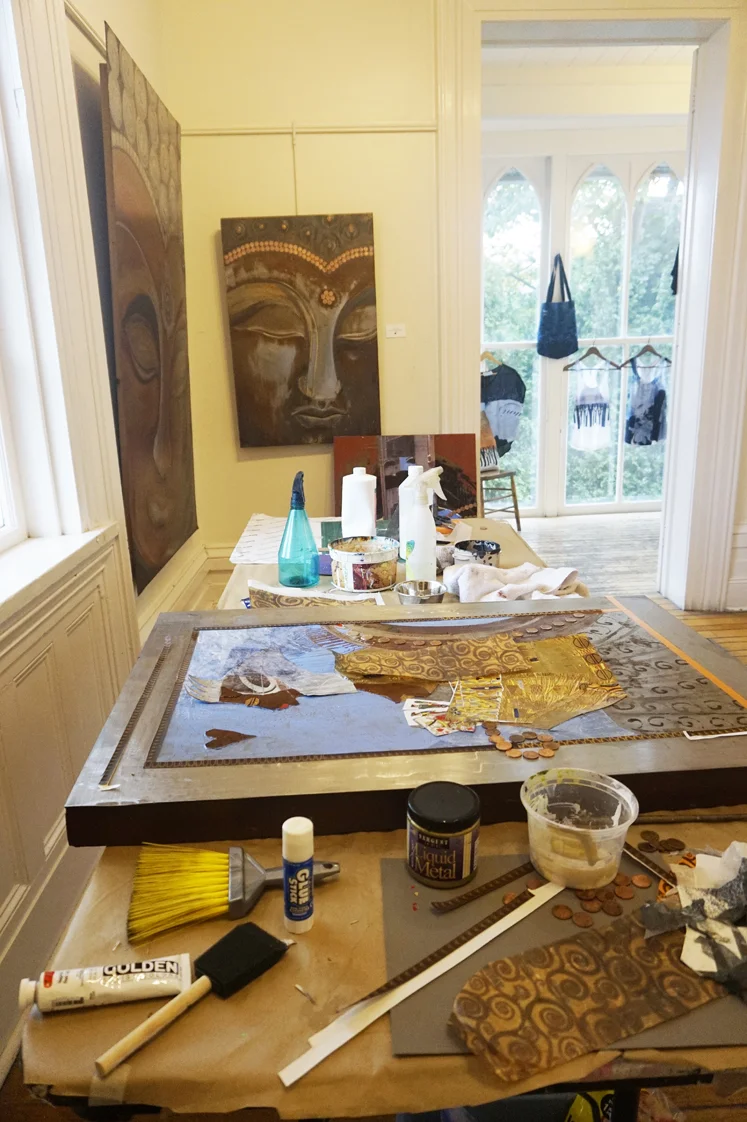Living up to my name as "Last Minute Linda": Wasn't quite finished the last 2 pieces for the show, so worked on them at the gallery so visitors could see the process (and progress), On the surgery table: "THE NOBLEST QUEEN" in honour of my dear friend Audra.