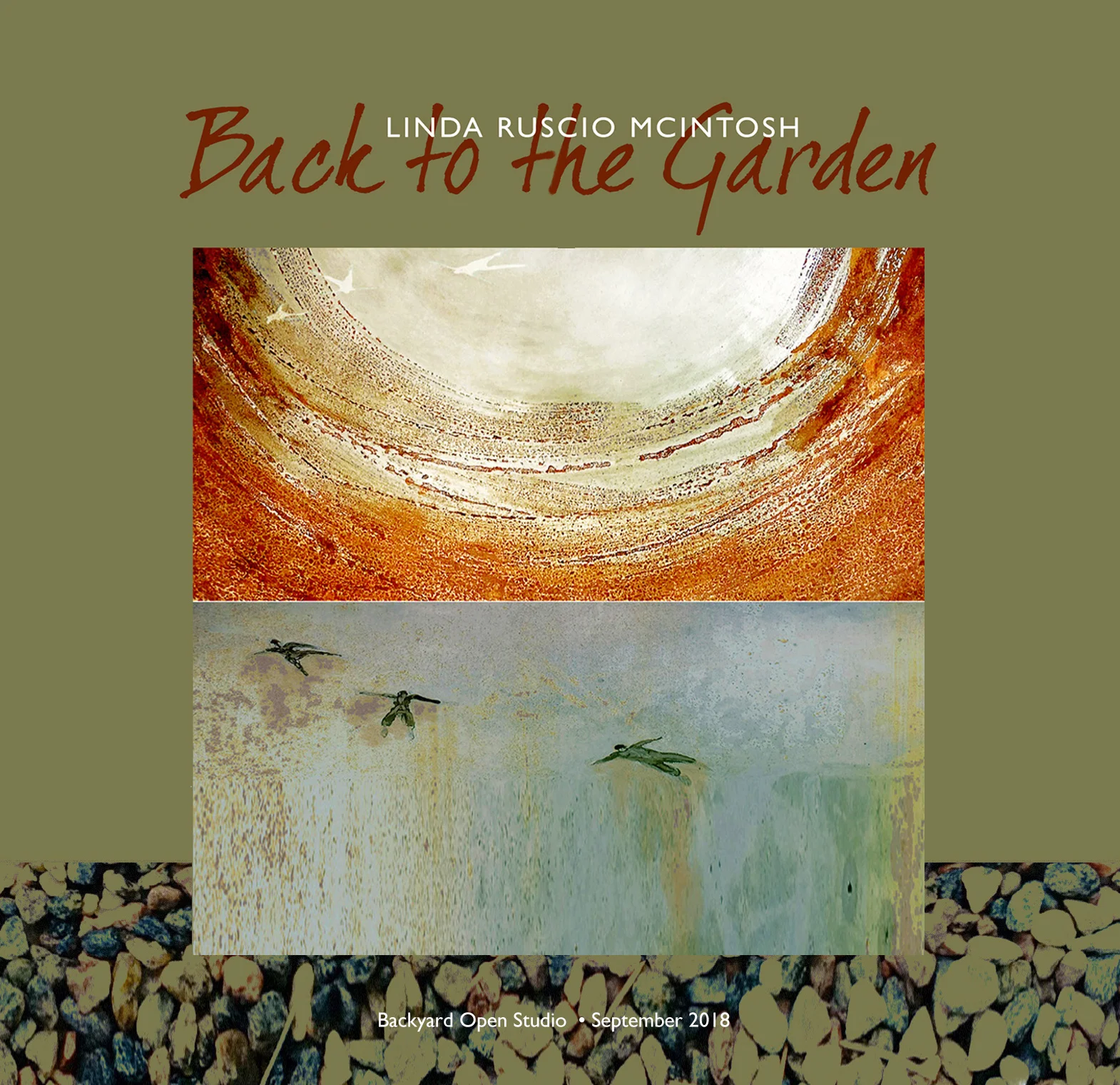 September 2018: Back to the Garden Outdoor Open Studio Reception Twenty of my latest mixed media assemblages were on display in my backyard hanging on trees, brick walls and fences as well as emerging from the garden floor. Materials used were rusted steel, rocks, wire, glass and other found objects. All pieces are treated with an exterior finish so that they can be displayed outdoors. The event was such a success, I plan on making it an annual event presenting a new series based upon the human/earth relationship.