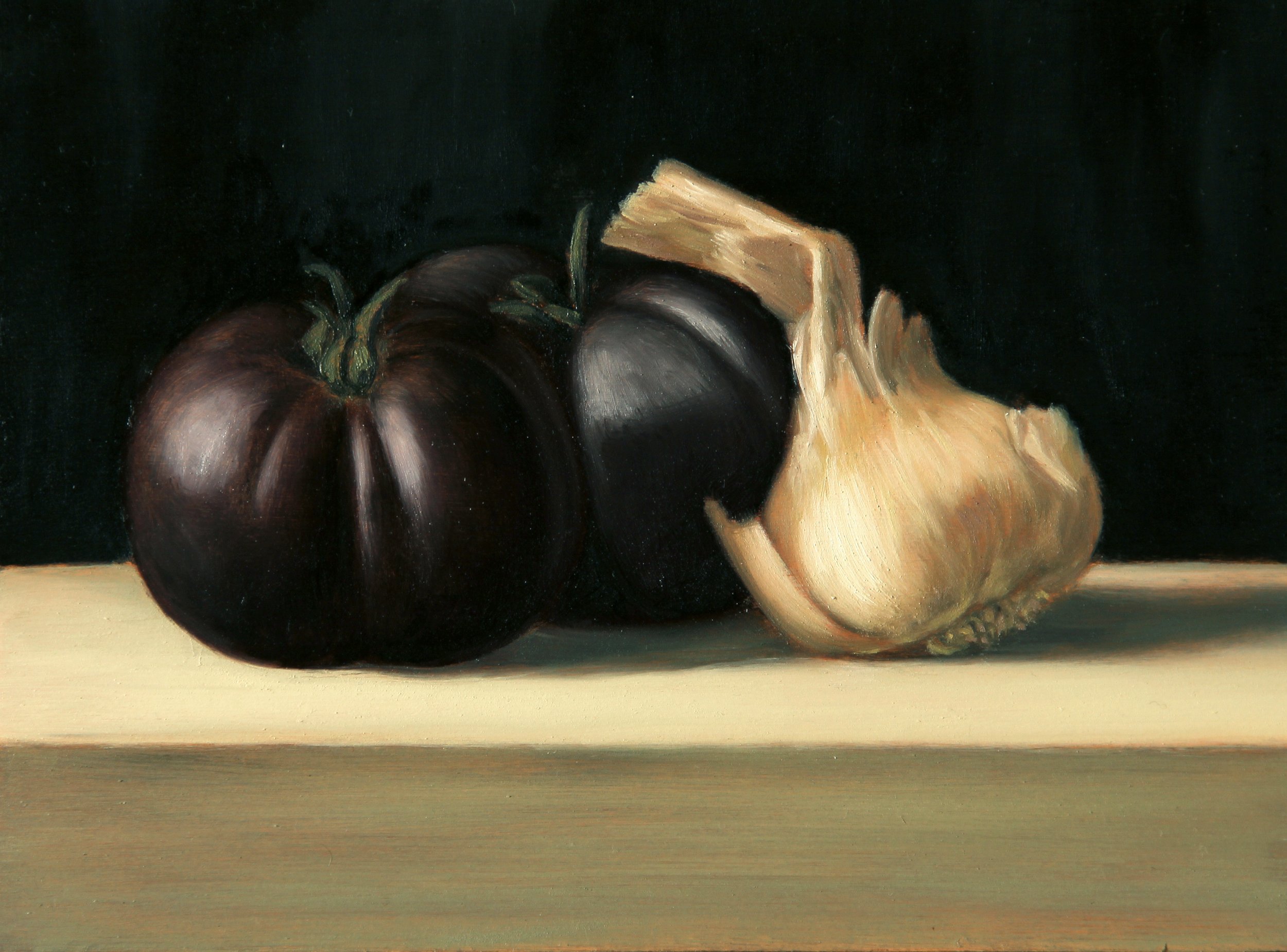 Garlic and Tomatoes, 2022. Oil on panel. 7 x 9 1/2".