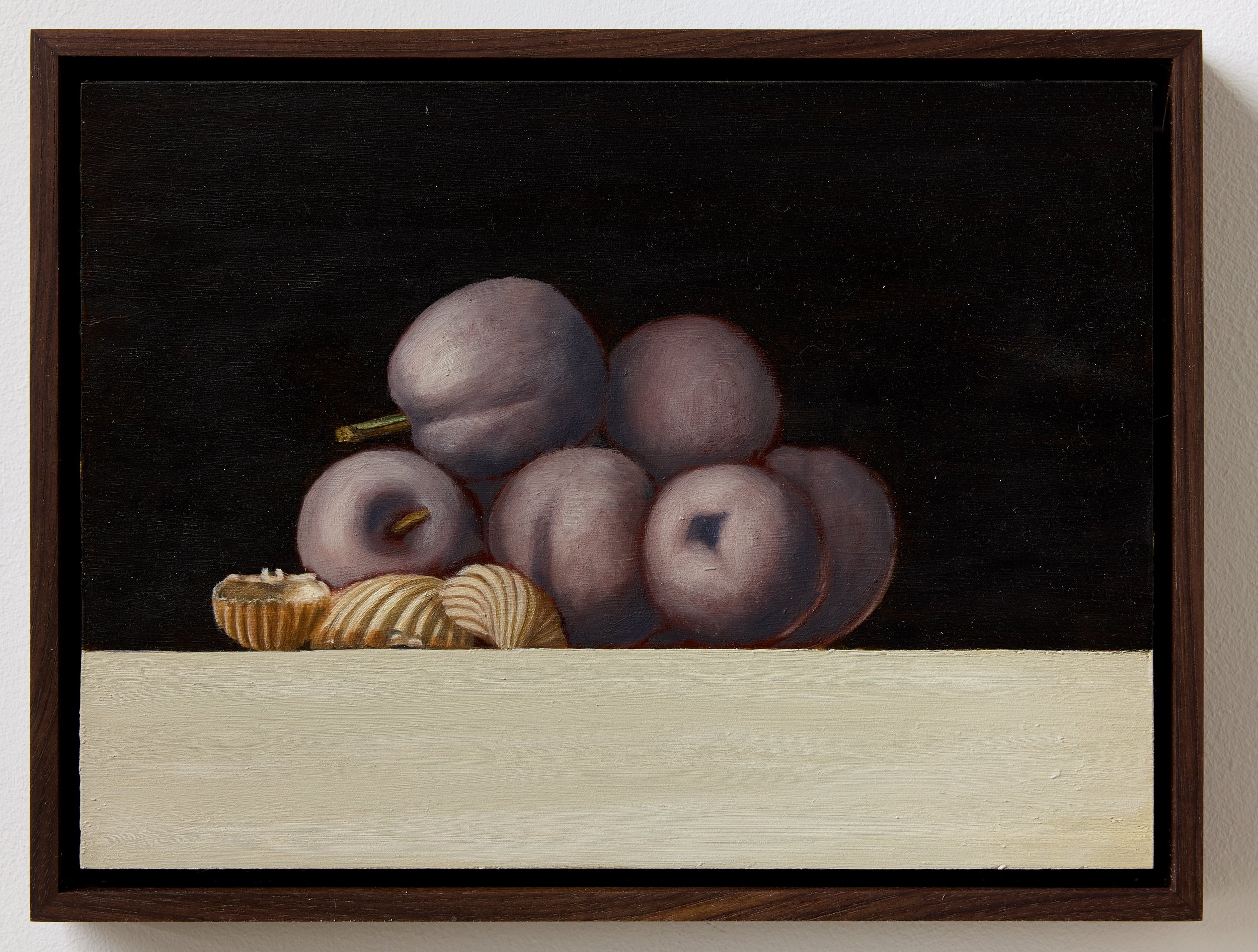Plums and Lido Beach Shells, 2022. Oil on copper panel. 7 3/8 x 10"