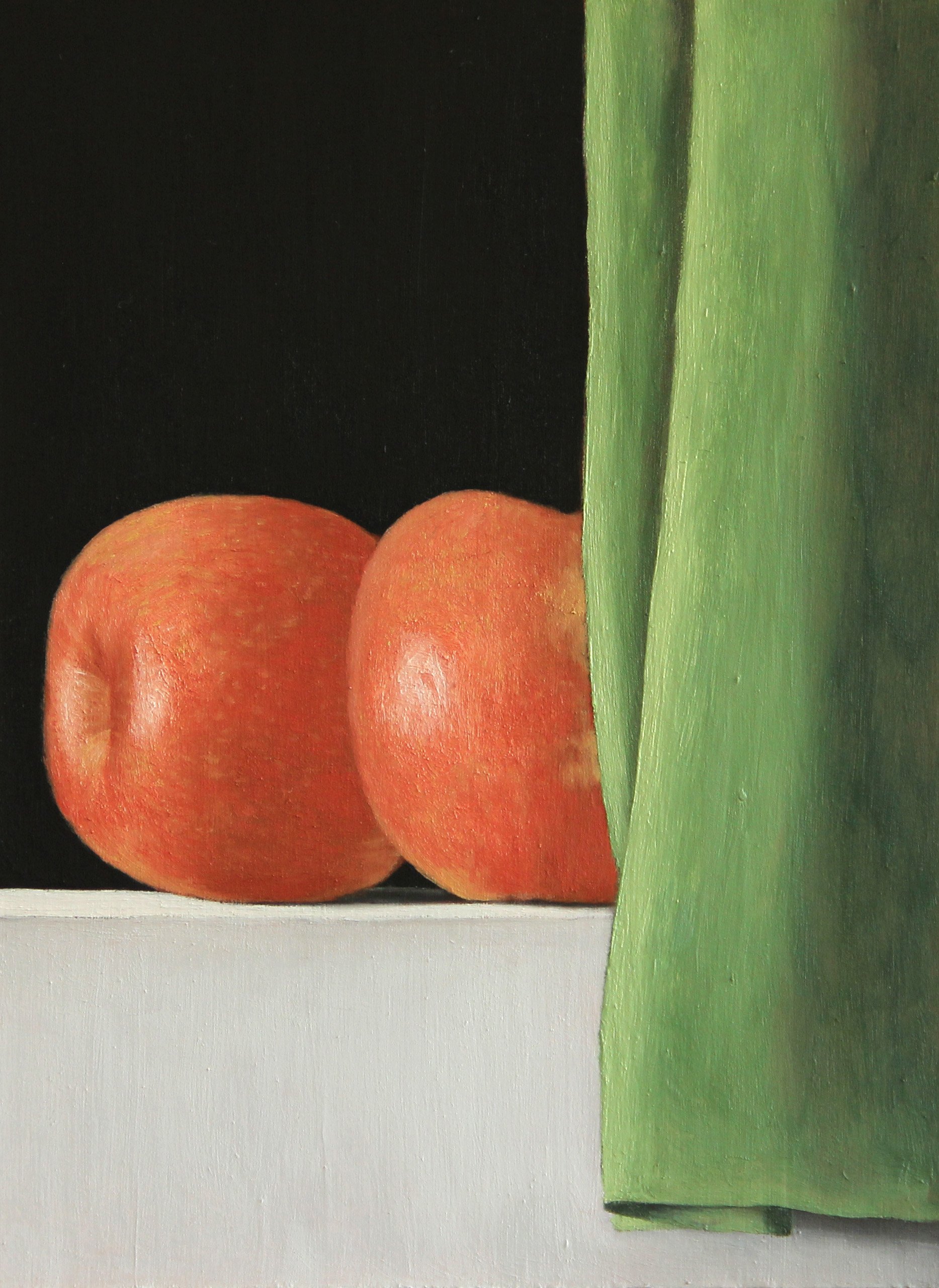 Apples and Curtain, 2023. Oil on aluminum panel. 9.5 x 7"