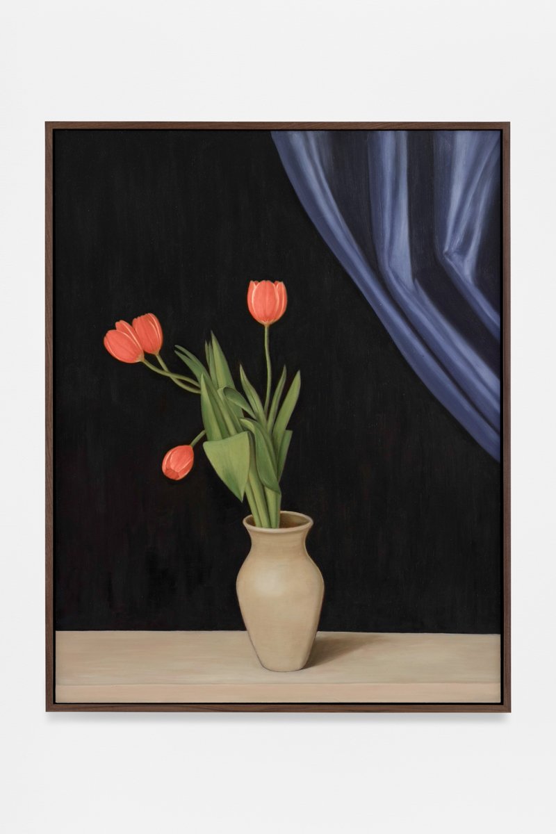 Red Tulips and Curtain, 2024. Oil on aluminum panel. 29 1/2 x 23".