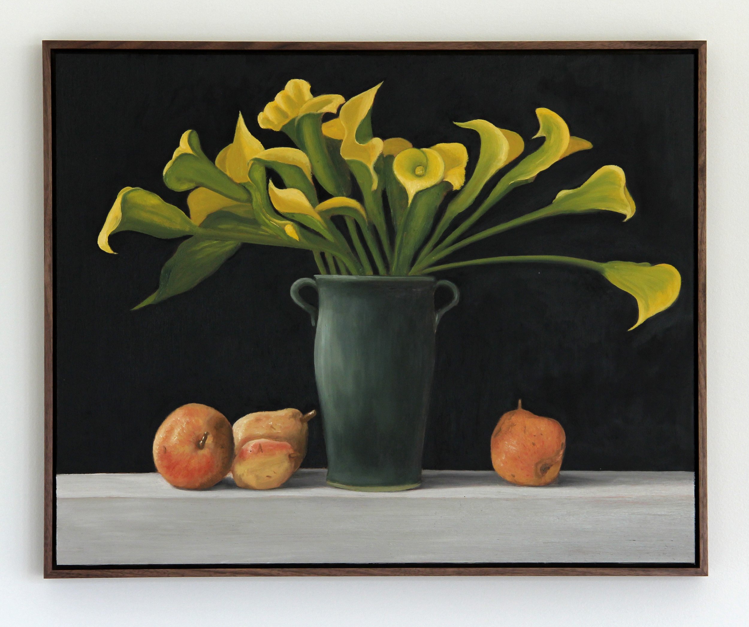 Calla Lillies and apples, 2025. Oil on copper. 16 x 20"