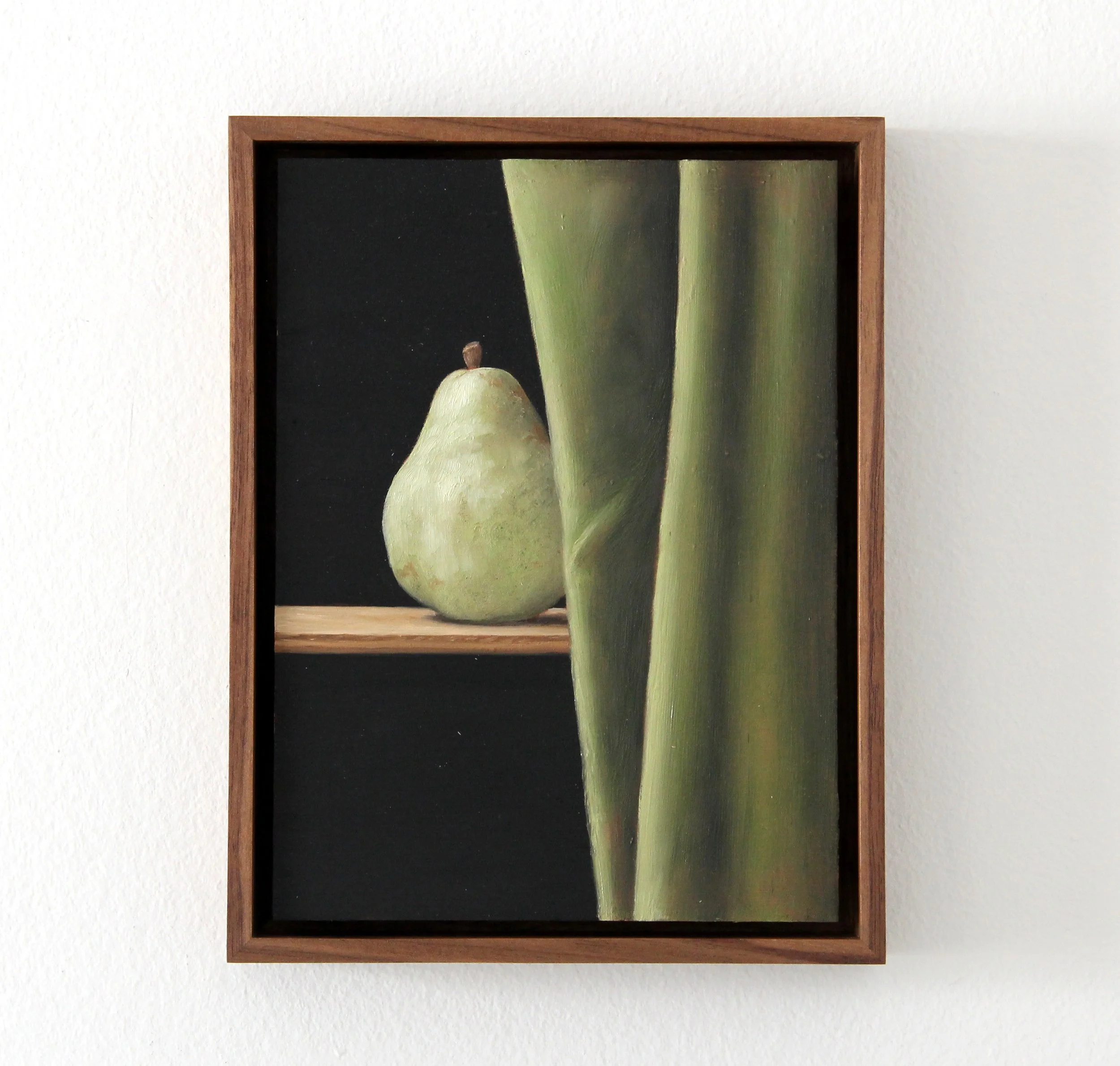 Pear and Green Curtain, 2026. Oil on copper. 8 x 6".