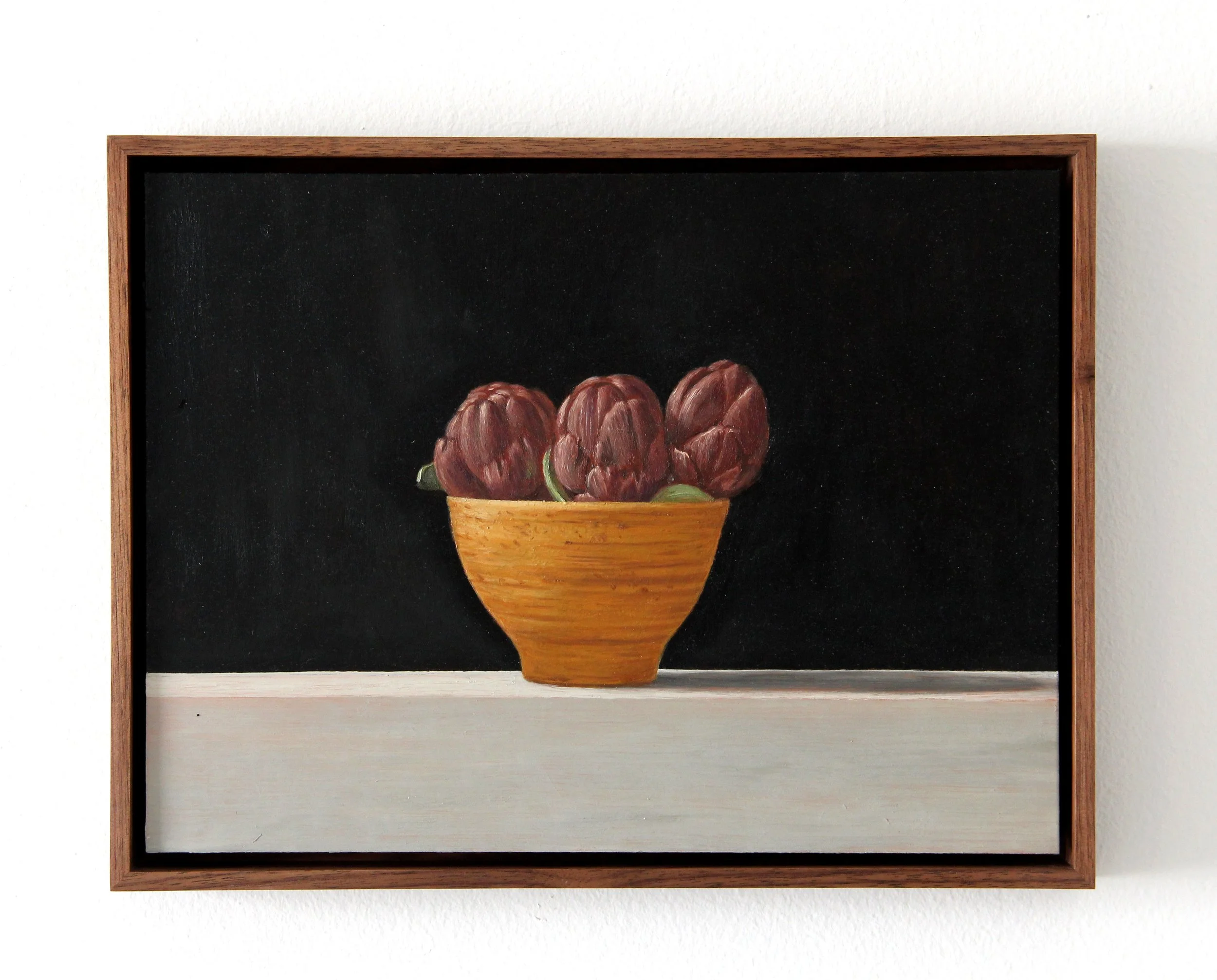 Purple Artichokes in Bowl, 2026. Oil on copper. 8 x 10".