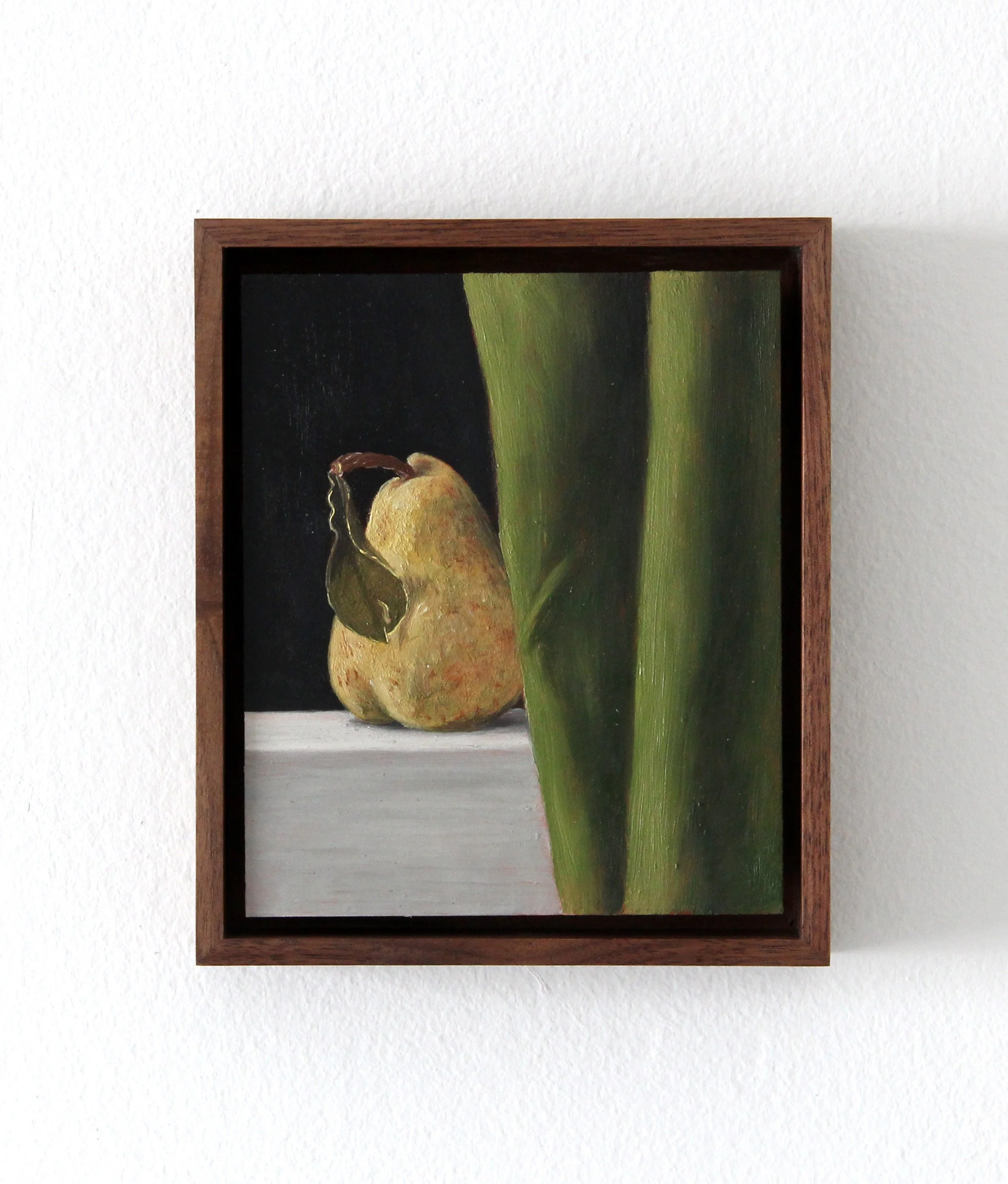 Pear with Leaf and Green Curtain, 2026. Oil on copper. 6 x 5".