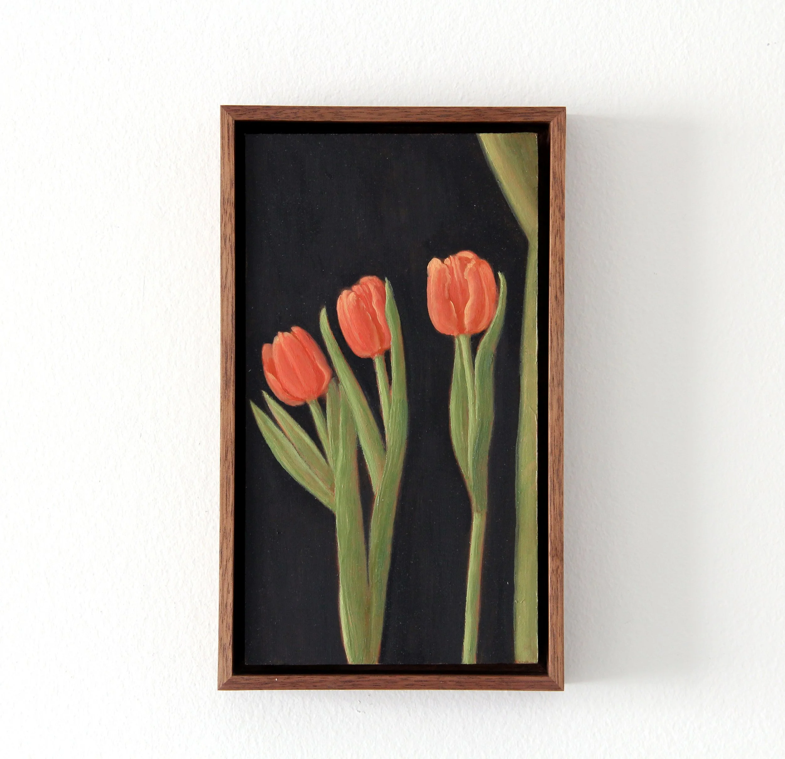 Three Red Tulips and Curtain, 2026. Oil on aluminum. 10 x 5 1/2"