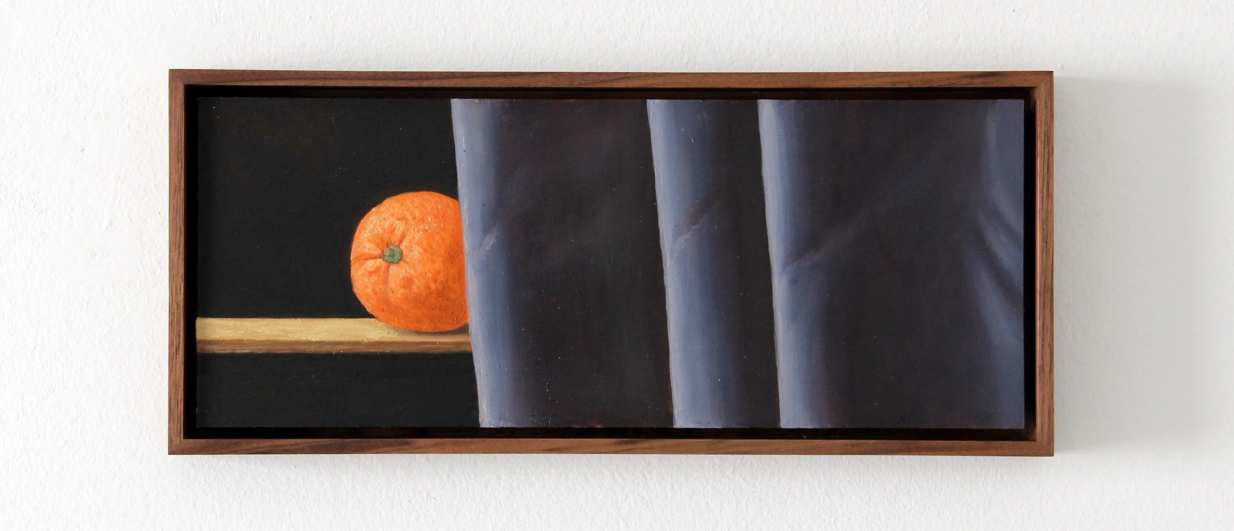 Orange and Blue Curtain, 2026. Oil on aluminum. 5 1/2 x 11".
