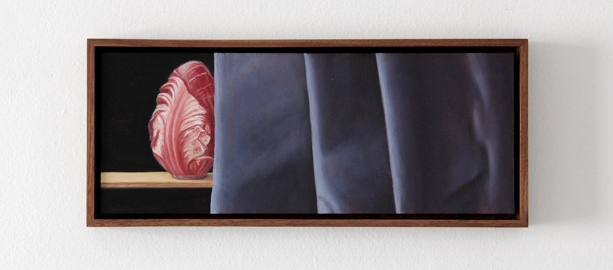 Radicchio and Blue Curtain, 2026. Oil on aluminum. 5 1/2 x 11".