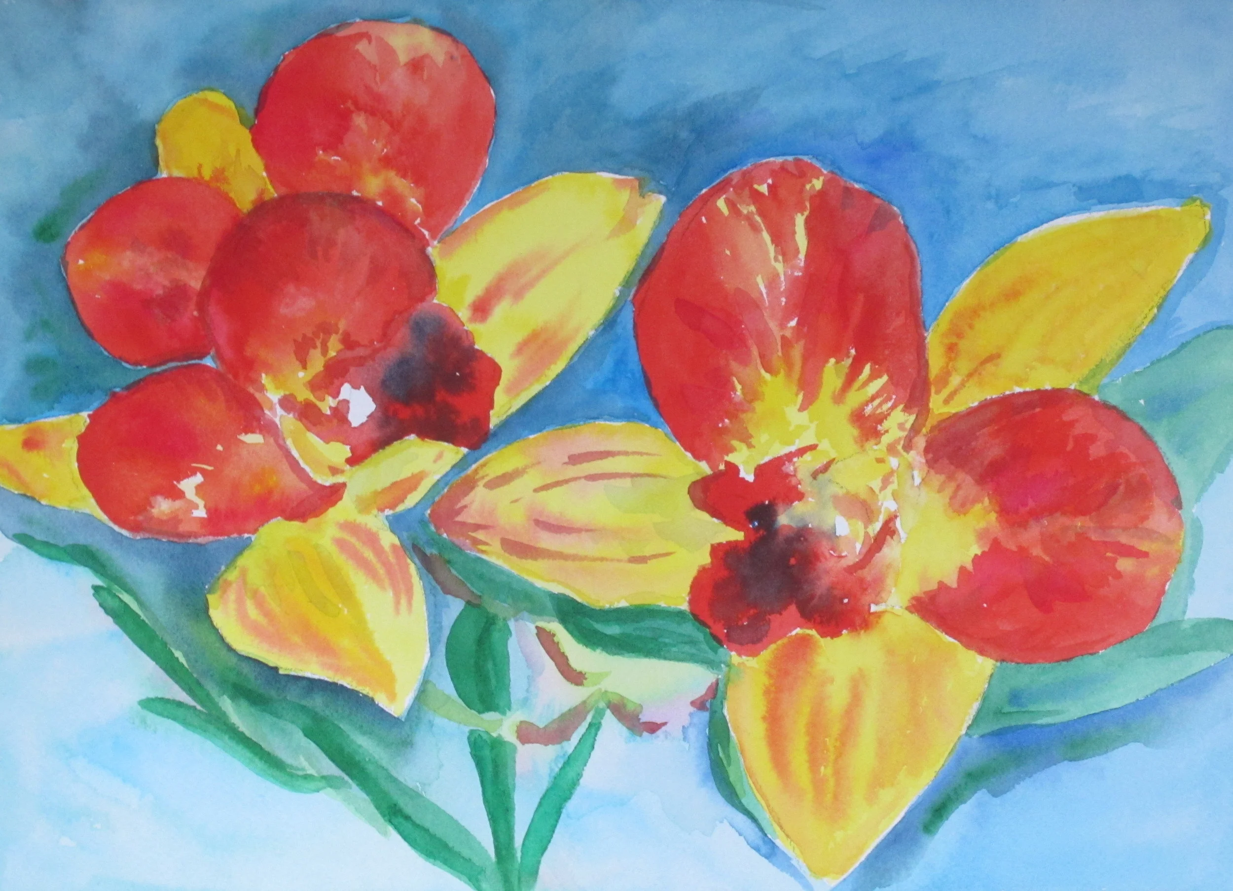 Red and Yellow Flowers in Blue Space (10" x14")