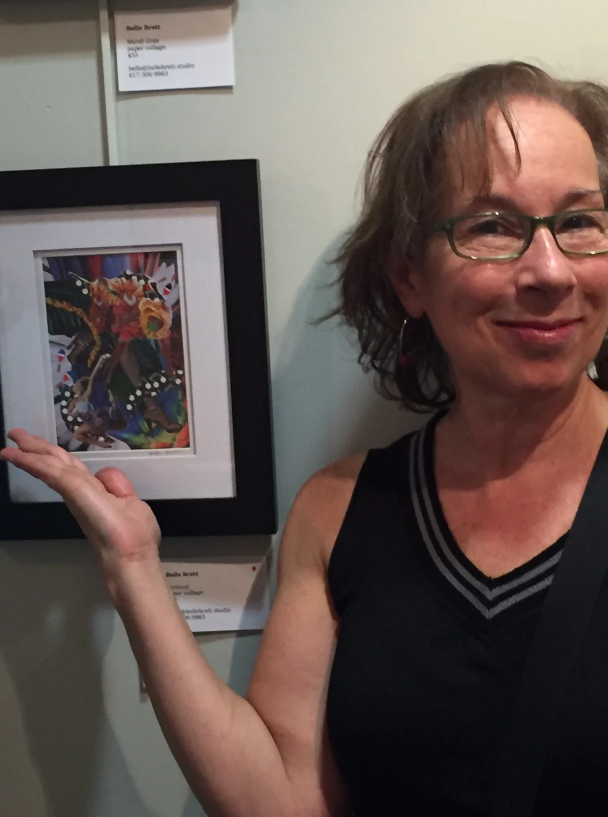 Another friend with the collage "Carnival," which she purchased.