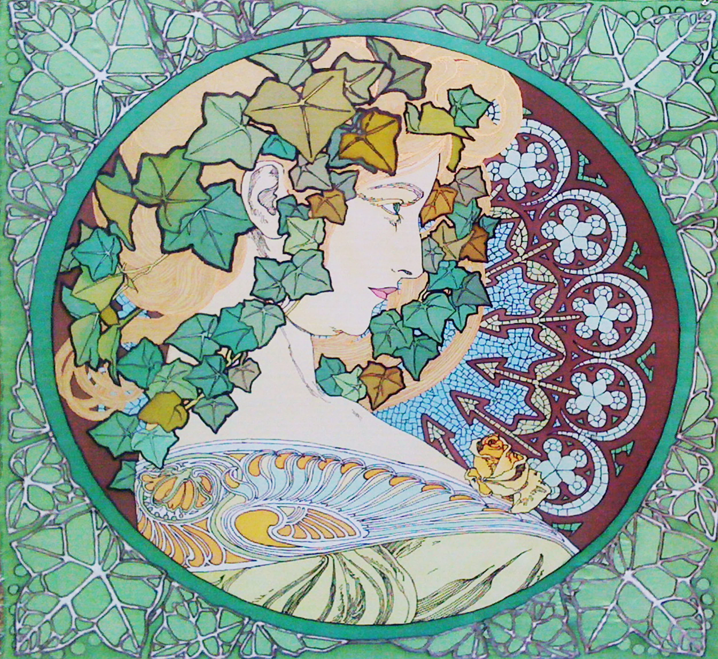 Replication of Mucha's Ivy, Silk Painting 27"x27"