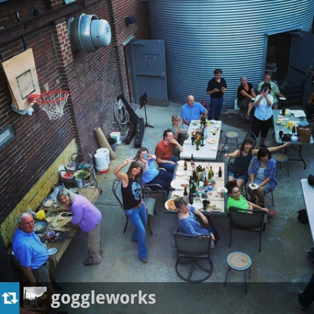 End-of-summer a Goggleworks ceramic community gathering in the studio backyard. The shed in the back houses the reduction kiln.