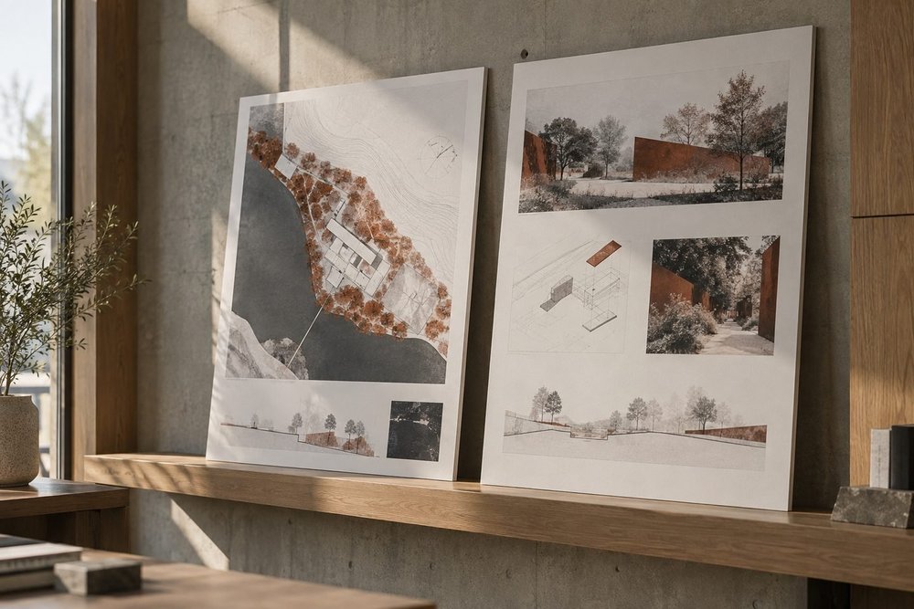 Two finished foam presentation boards with abstract architectural diagrams in rust and charcoal resting on an indoor studio presentation ledge.