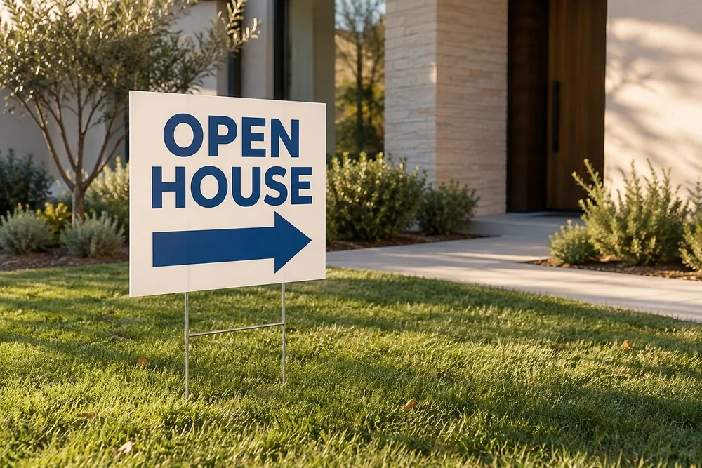 A small printed corrugated plastic yard sign on a standard wire H stake on neatly cut grass outside a modern house.