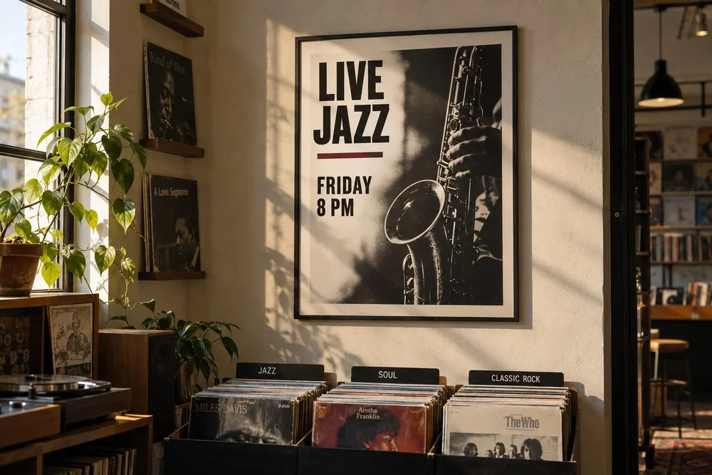 A framed printed live music event poster at an independent record shop.