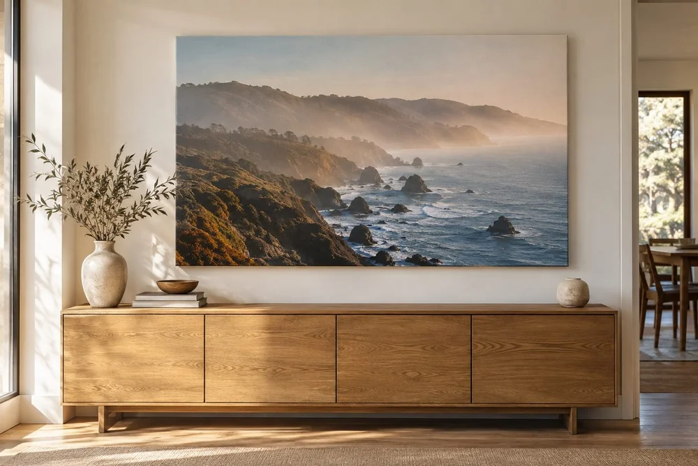 A large stretched canvas print of a misty coastline above an oak console in a calm warm-white home interior.