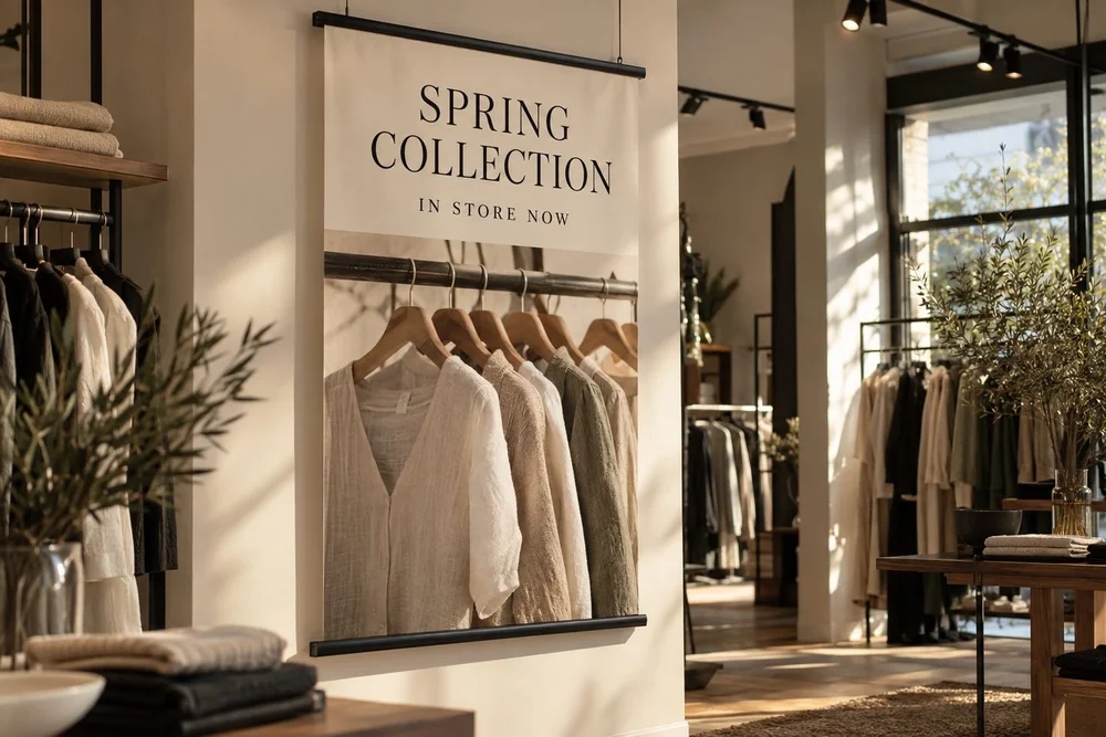 A flat hanging flexible retail promotional banner in black top and bottom rails in a premium clothing boutique.