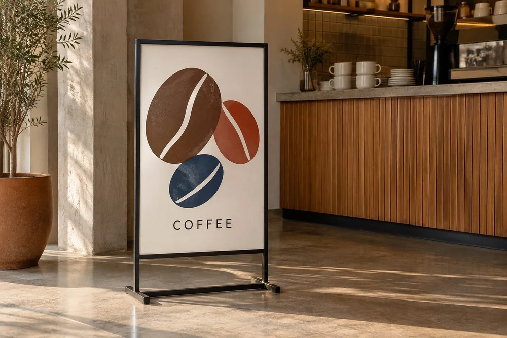 An opaque matte printed PVC menu panel in a slim black freestanding frame outside an interior cafe counter.