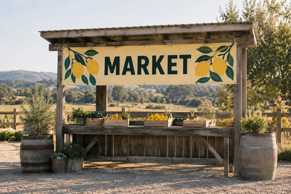 Lightweight matte printed polyethylene promotional banner fixed across a timber farm stand, pale yellow and dark green stylized fruit artwork, only the word MARKET.