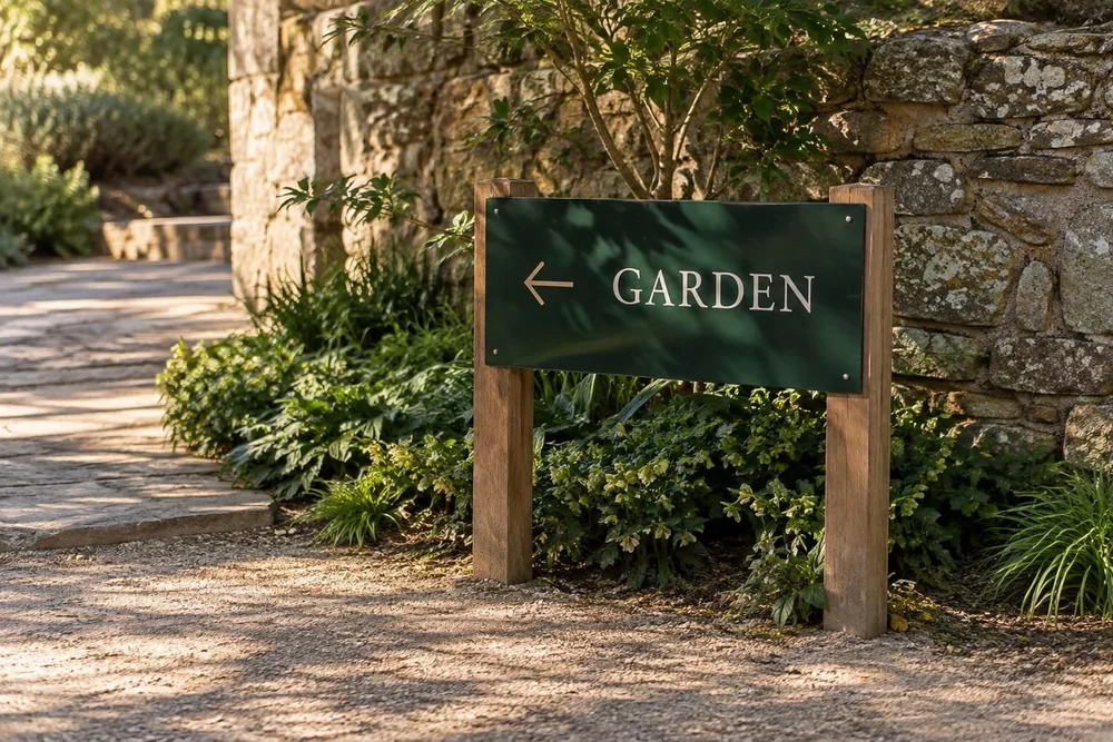 A dark green printed solid aluminum garden wayfinding panel reading only GARDEN with a simple cream left arrow, neatly attached to two low timber posts on a stone path.