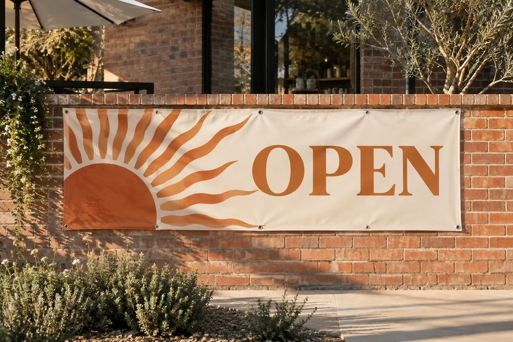 A wide premium printed vinyl banner stretched neatly along a low brick retail courtyard wall, matte cream and burnt orange abstract sun artwork and the single word OPEN.