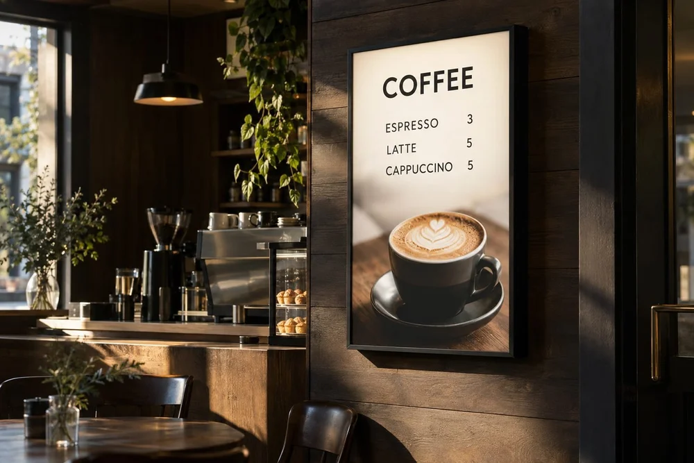 A slim black framed illuminated printed menu lightbox on a cafe wall.
