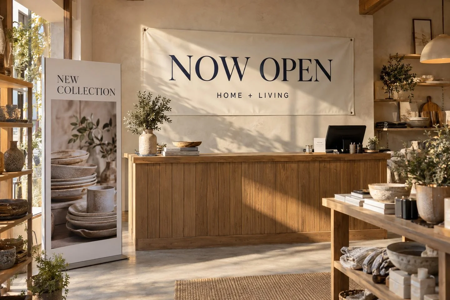 Now Open banner and New Collection display panel in a sunlit homewares shop.