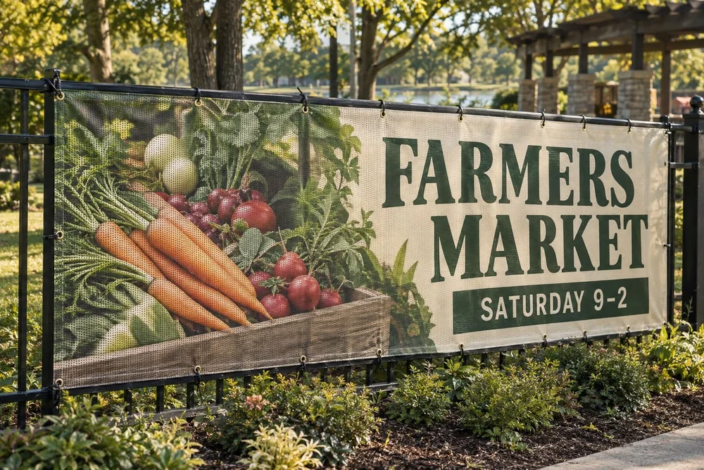 An outdoor farmers market printed mesh fence banner in a landscaped park.