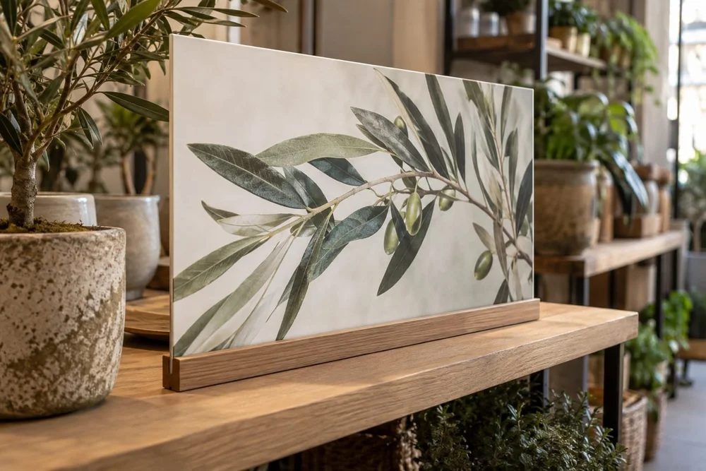 A smooth thin printed polystyrene graphic panel with abstract olive leaf artwork in a retail display rail on an oak shelf.
